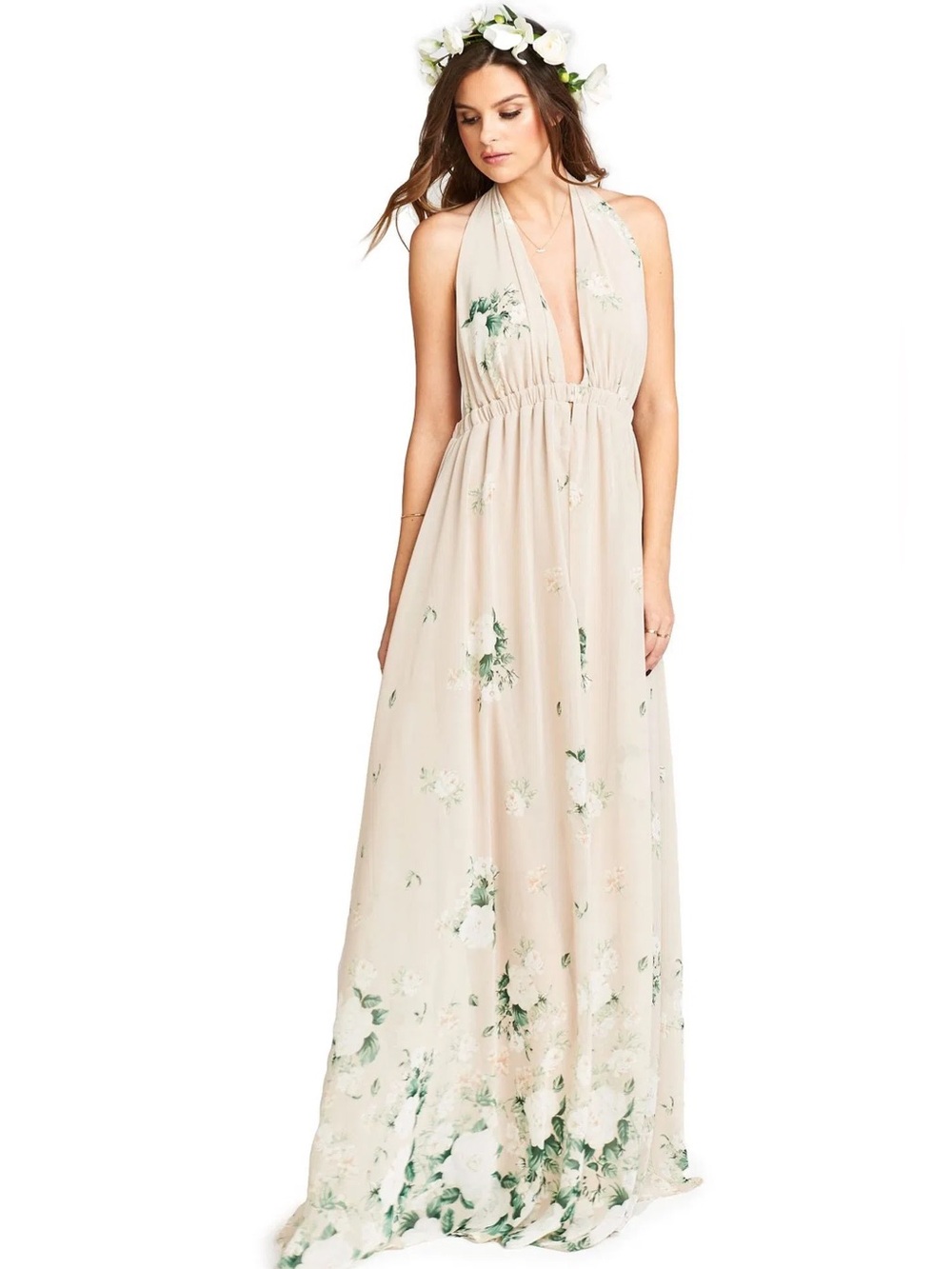 Show Me Your Mumu Luna Halter Dress Tan Floral Bouquet Toss Maxi Bridesmaid - XS